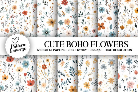 Download Minimal Boho Flowers Seamless Patterns - Patterns Collection